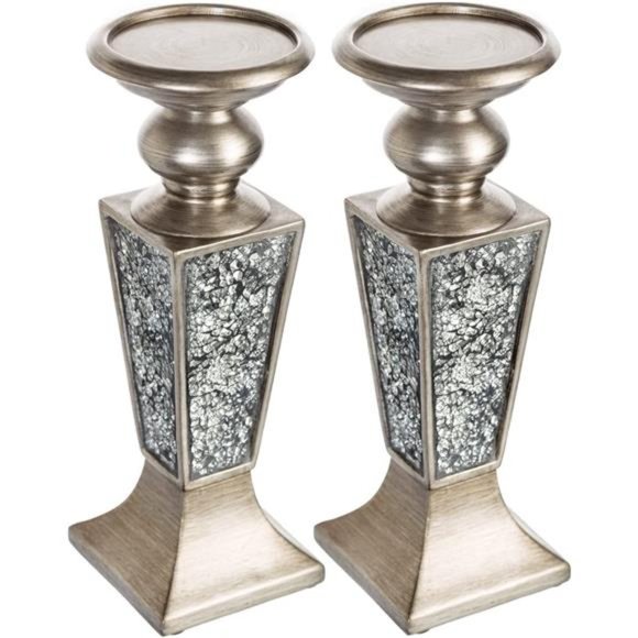Schonwerk Pillar Candle Holder Set of 2-Crackled Mosaic Design-Home Coffee Table - Picture 7 of 7